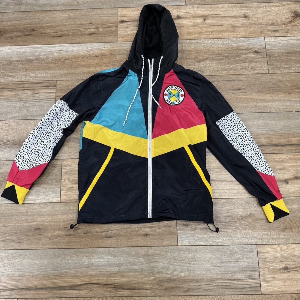 Reason Jacket Men Medium Black Neo Abstract Windbreaker Hip Hop Streetwear Y2K